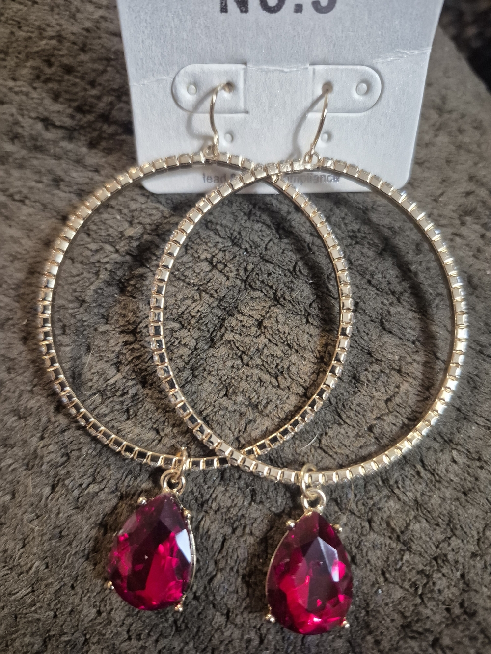 Gold-Tone Hoop Earrings with Fuchsia Teardrop Crystals